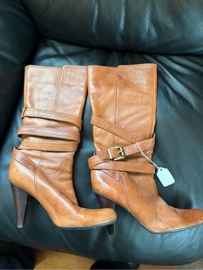 BCBGirls Tan Leather Mid-Calf Heeled Boots with Wrap Straps size 8